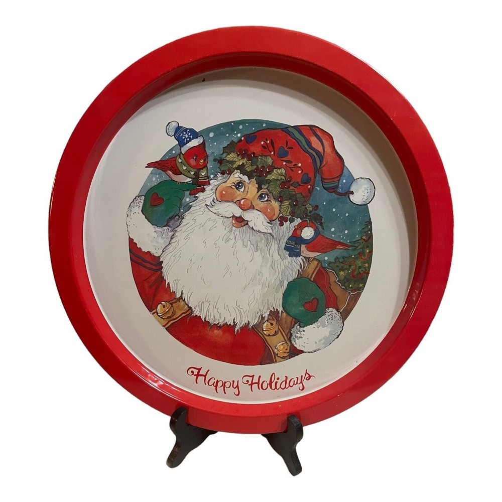 Vintage Christmas Santa Clause Red Birds Happy Holidays Metal Serving Tray￼ READ